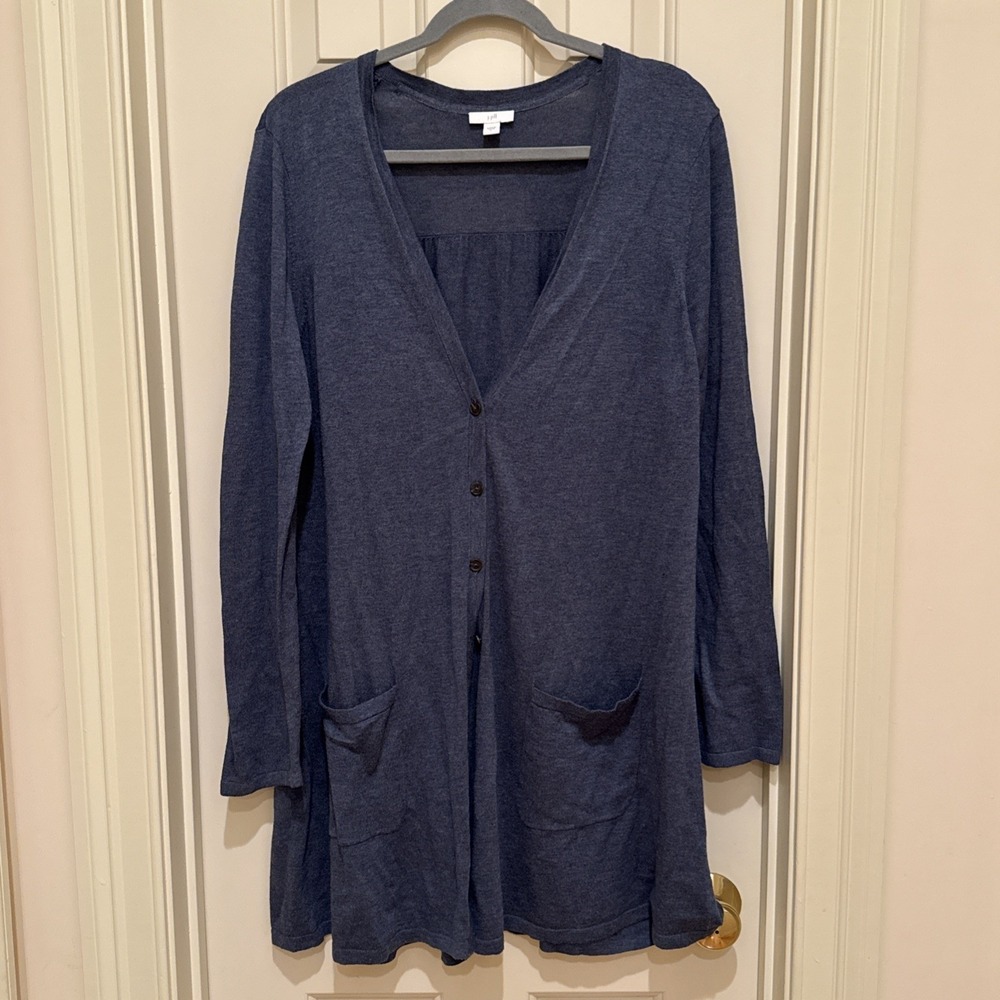 J.Jill Button Front Long Line Cardigan Women's Size L Blue Pockets Lagenlook‎